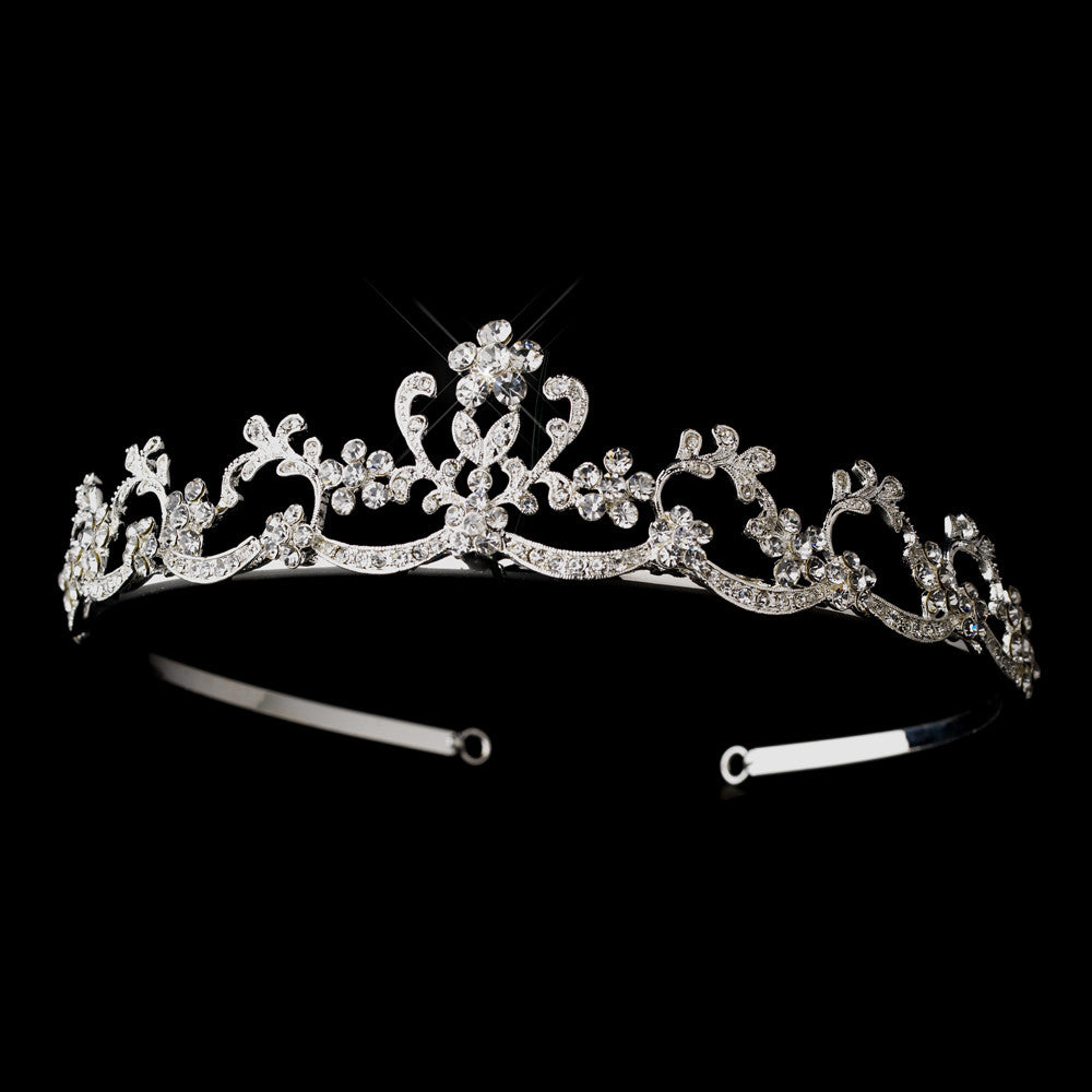 Silver Clear Rhinestone Swirly Floral Bridal Wedding Tiara Headpiece 3195