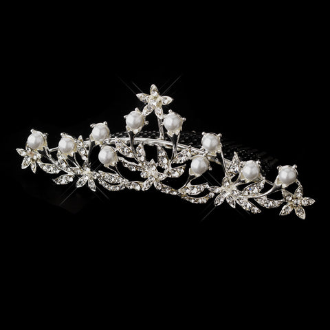 Silver White Pearl & Clear Rhinestone Bridal Wedding Hair Comb 3203
