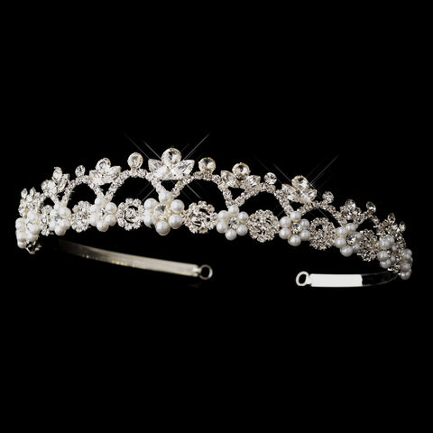 Silver White Pearl & Clear Multi Shaped Rhinestone Bridal Wedding Tiara Headpiece 7041