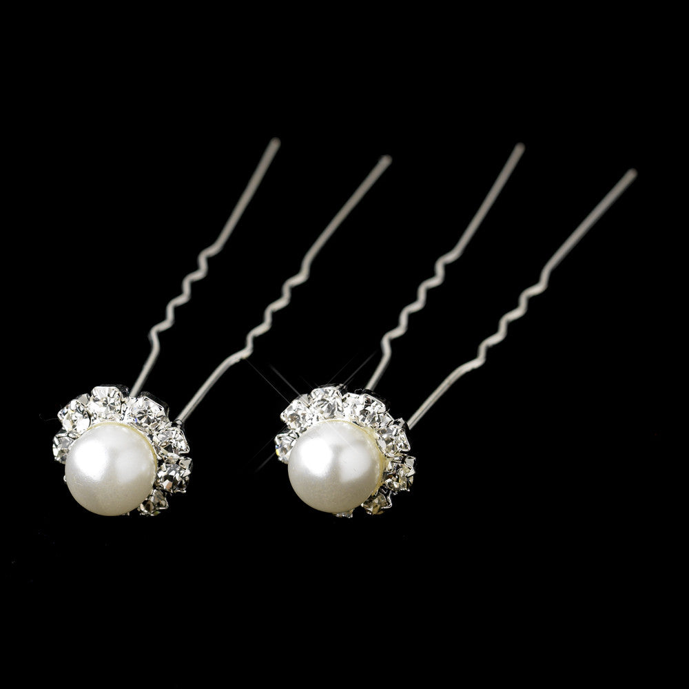 Silver White Glass Pearl & Clear Rhinestone Bridal Wedding Hair Pin 8090