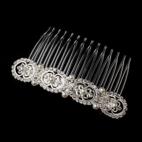 Silver White Pearl & Clear Rhinestone Filigree Bridal Wedding Hair Comb 9505