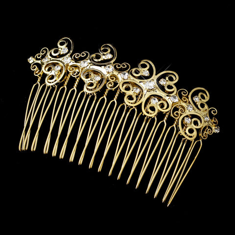 Gold Clear Rhinestone Filigree Swirl Bridal Wedding Hair Comb 9515