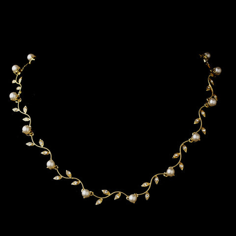 Gold Ivory Pearl & CZ Crystal Bridal Wedding Necklace 0112