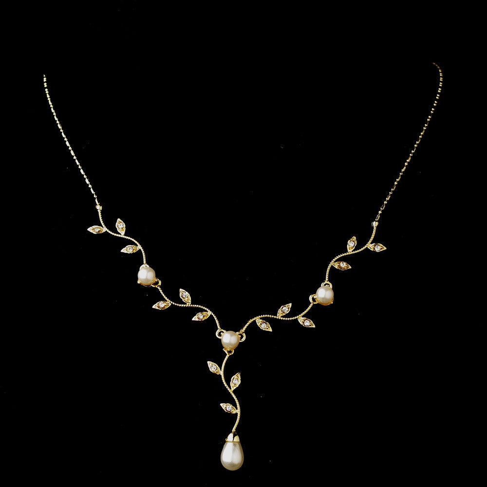 Gold Ivory Pearl & Clear CZ Vine Teardrop Bridal Wedding Necklace 0116