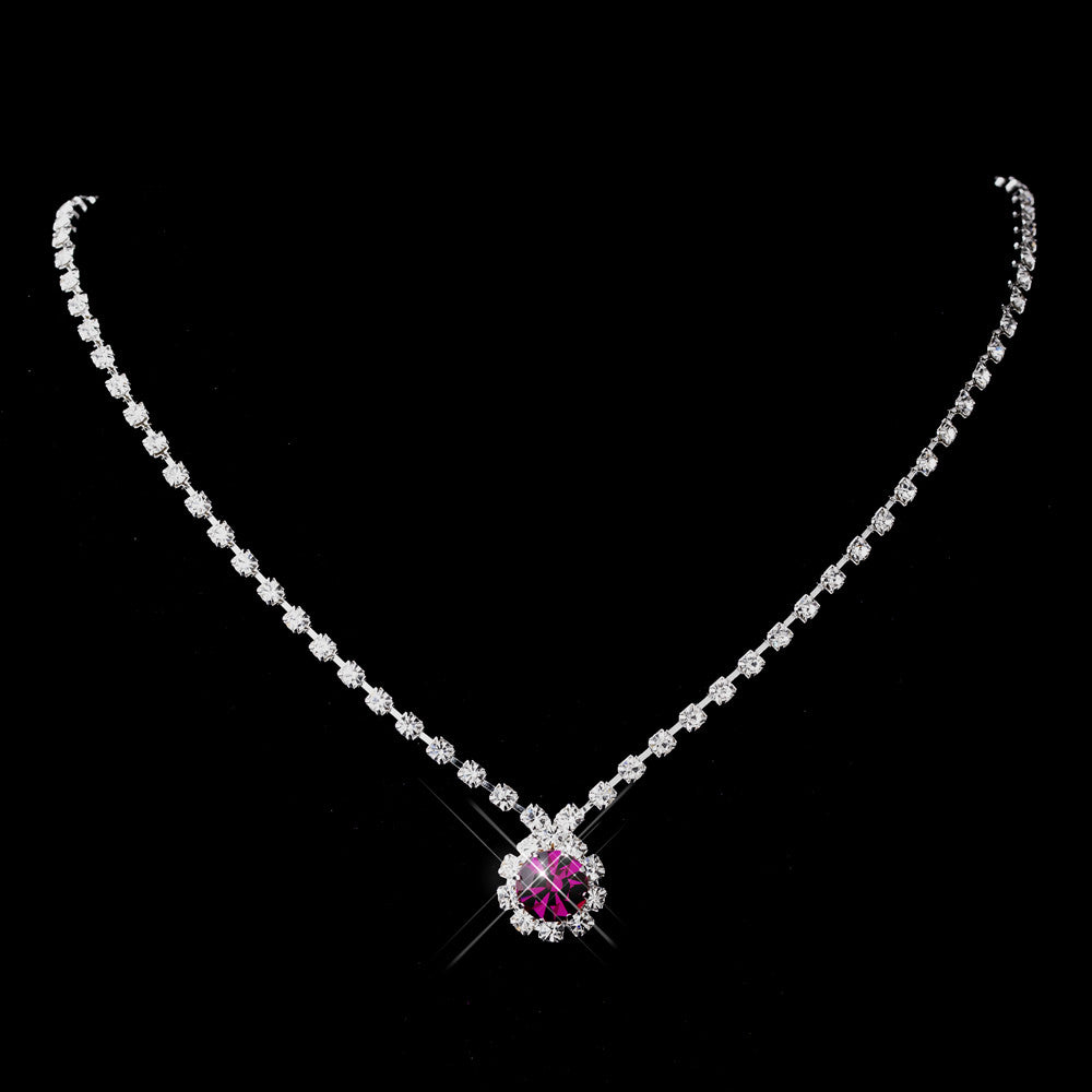 Silver Fuchsia & Clear Round Rhinestone Bridal Wedding Necklace 0511