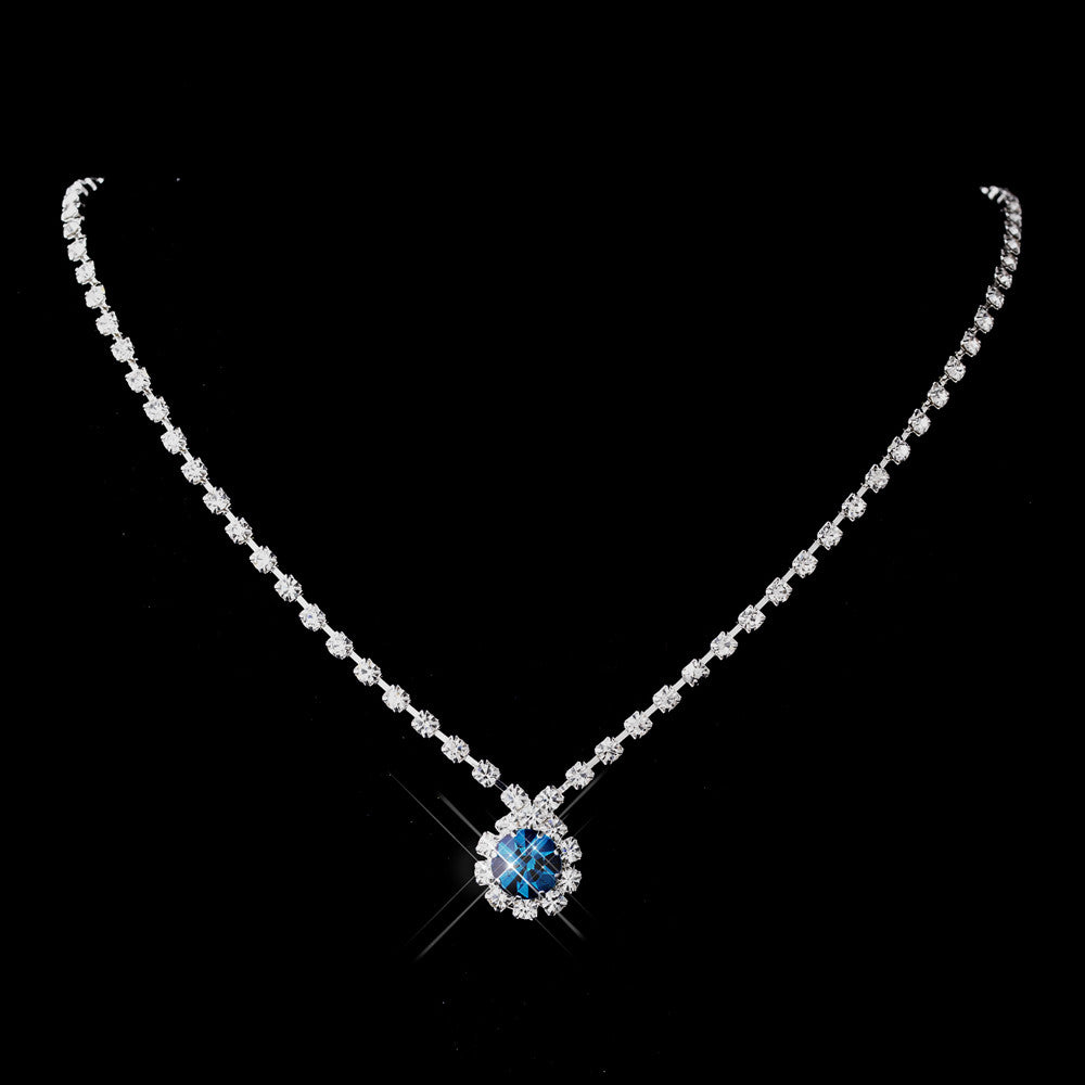 Silver Teal & Clear Round Rhinestone Bridal Wedding Necklace 0511