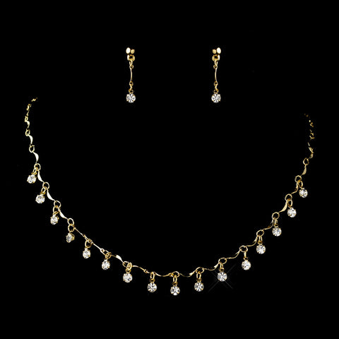 Gold Clear Rhinestone Dangle Bridal Wedding Jewelry Set 0993