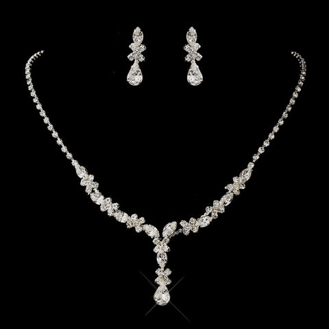 Silver Clear Multi-Cut Rhinestone Bridal Wedding Necklace 1007 & Bridal Wedding Earrings 3995 Bridal Wedding Jewelry Set