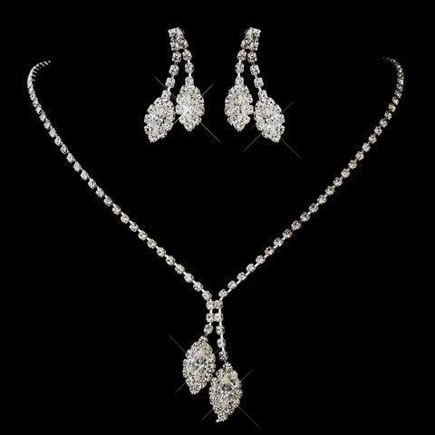 Silver Clear Double Marquise Rhinestone Bridal Wedding Necklace 1815 & Bridal Wedding Earrings 0392 Bridal Wedding Jewelry Set