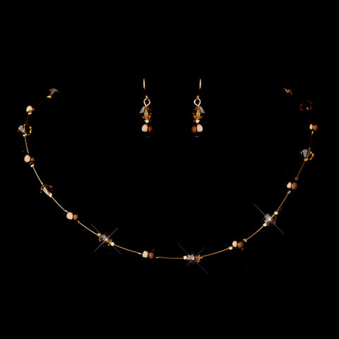 Gold Brown Illusion Czech Glass Pearl & Swarovski Crystal Bead Bridal Wedding Jewelry Set 2031