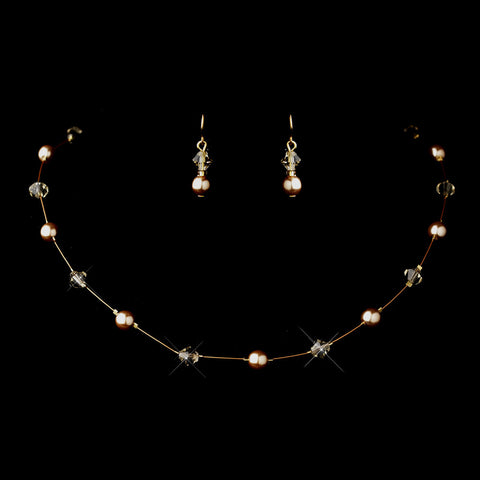Gold Light Brown Illusion Czech Glass Pearl & Swarovski Crystal Bead Bridal Wedding Jewelry Set 2031