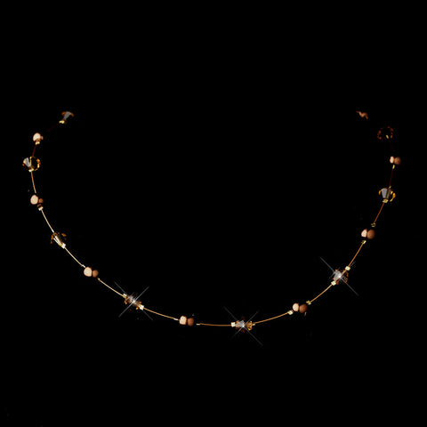 Gold Brown Illusion Czech Glass Pearl & Swarovski Crystal Bead Bridal Wedding Necklace 2031