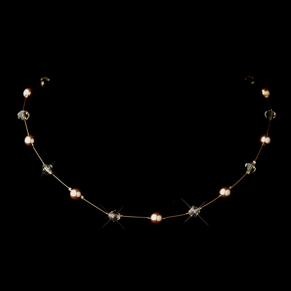 Gold Light Brown Illusion Czech Glass Pearl & Swarovski Crystal Bead Bridal Wedding Necklace 2031