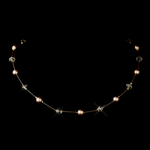 Light Brown Czech Glass Pearl & Swarovski Crystal Bead Illusion Silver Bridal Wedding Necklace 2031