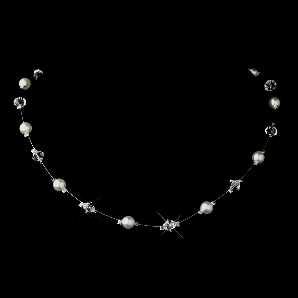 Silver White Illusion Czech Glass Pearl & Swarovski Crystal Bead Bridal Wedding Necklace 2031
