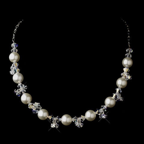 Silver White Glass Pearl & Swarovski Crystal Bead Bridal Wedding Necklace 2101