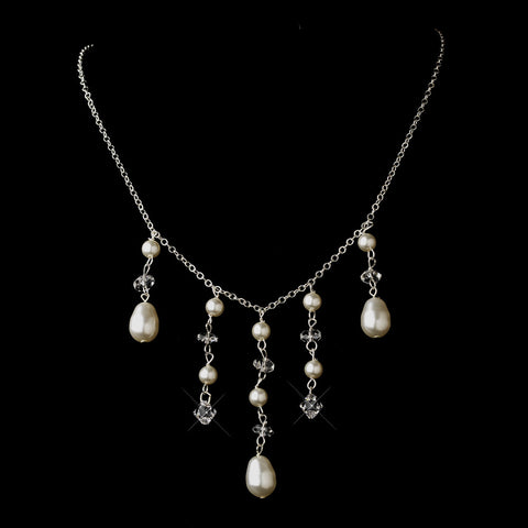 Silver White Glass Pearl & Swarovski Crystal Bead Dangle Bridal Wedding Necklace 2124