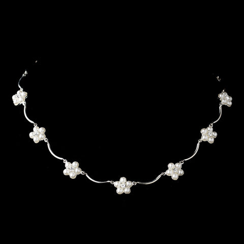 Silver White Pearl Floral Pattern Bridal Wedding Necklace 2606