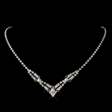 Silver White Pearl & Clear Swarovski Crystal Bead Filigree Bridal Wedding Necklace 2706