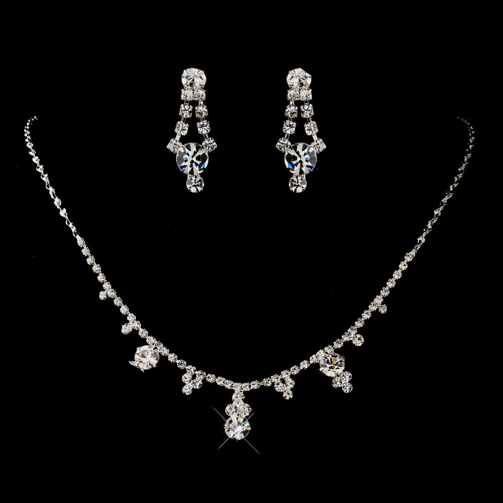 Silver Clear Round Drop Rhinestone Bridal Wedding Necklace 2876 & Bridal Wedding Earrings 0930 Bridal Wedding Jewelry Set