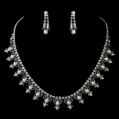 Silver White Pearl & Rhinestone Heart Filigree Bridal Wedding Necklace 2957 & Bridal Wedding Earrings 2706 Bridal Wedding Jewelry Set