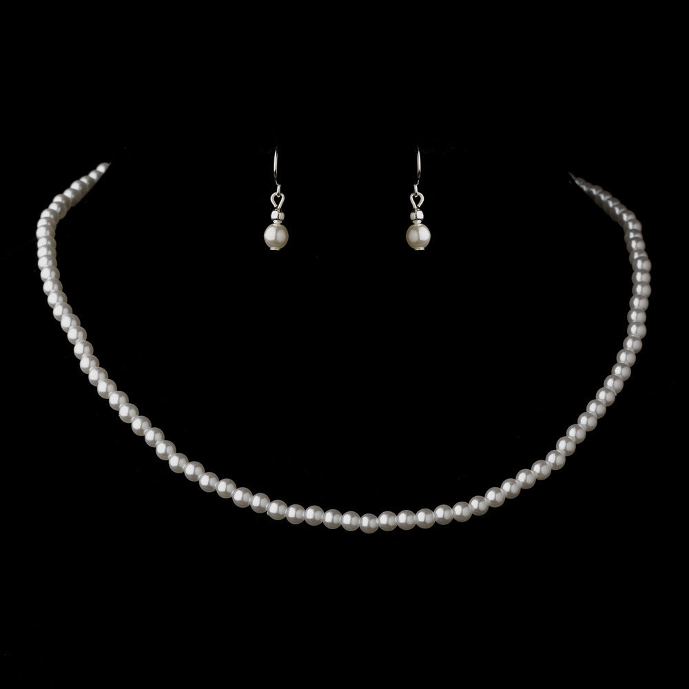 Silver White Pearl Bridal Wedding Necklace 3141 & Bridal Wedding Earrings 6803 Bridal Wedding Jewelry Set