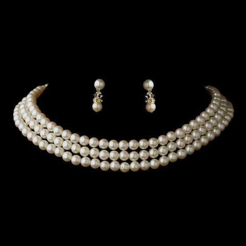 Gold Ivory 3 Row Glass Pearl Choker Bridal Wedding Necklace 3201 & Bridal Wedding Earrings 1402 Bridal Wedding Jewelry Set