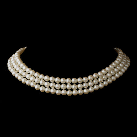 Gold Ivory 3 Row Glass Pearl Choker Bridal Wedding Necklace 3201