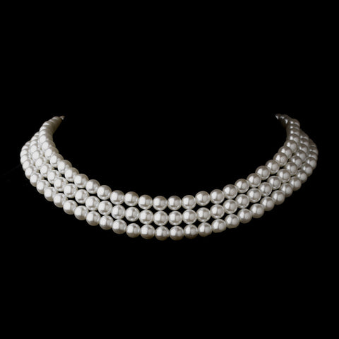 Silver White 3 Row Glass Pearl Choker Bridal Wedding Necklace 3201