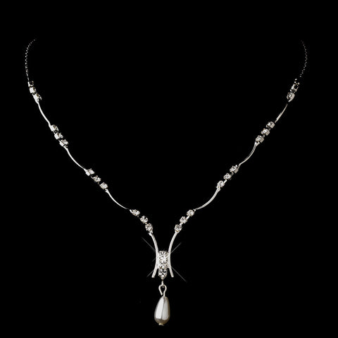 Silver White Teardrop Pearl & Clear Rhinestone Bridal Wedding Necklace 3377