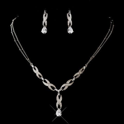 Antique Silver Rhodium Clear CZ Crystal Braid Bridal Wedding Jewelry Set 4068