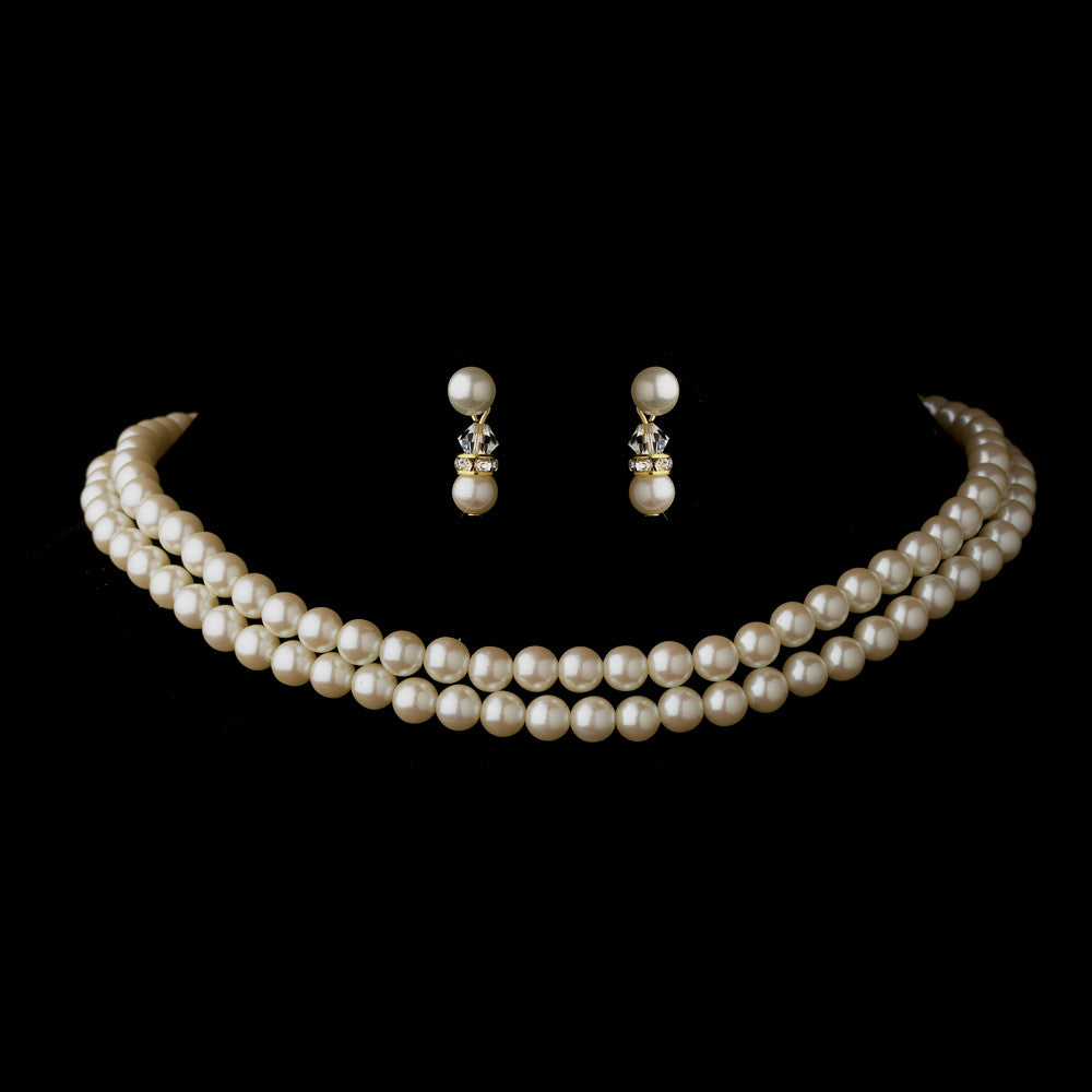 Two Row Gold Ivory Glass Pearl Choker Bridal Wedding Necklace 4121 & Bridal Wedding Earrings 1402 Bridal Wedding Jewelry Set