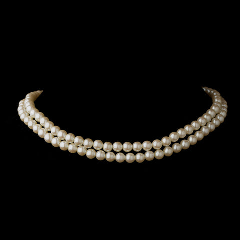 Two Row Gold Ivory Glass Pearl Choker Bridal Wedding Necklace 4121