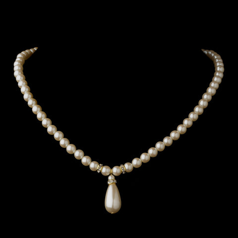 Gold Ivory Glass Pearl & Rhinestone Rondelle Bridal Wedding Necklace 4691