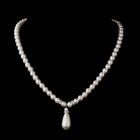 Silver White Glass Pearl & Rhinestone Rondelle Bridal Wedding Necklace 4691