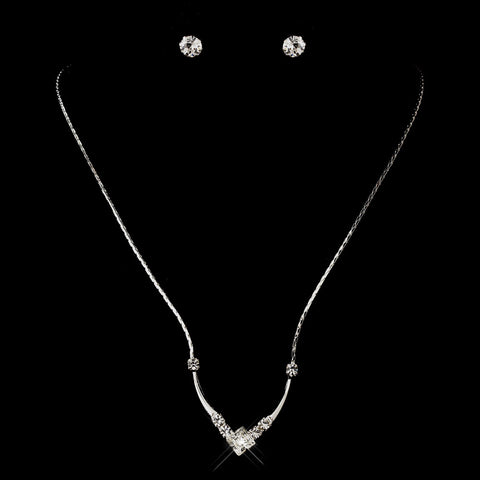 Silver Clear Diamond Shaped Rhinestone Bridal Wedding Necklace 5136 & Round Stud Bridal Wedding Earrings 2052 Bridal Wedding Jewelry Set