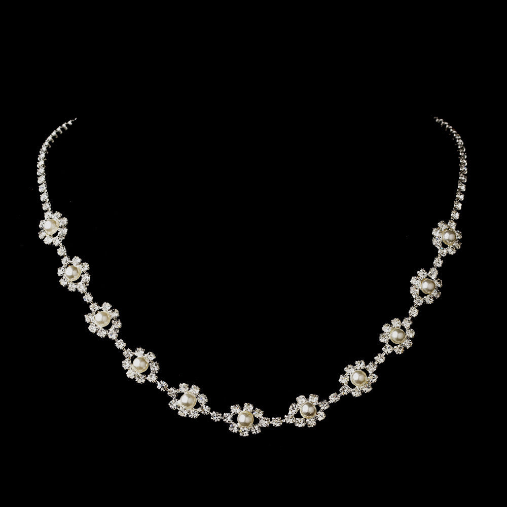 Silver White Pearl & Clear Rhinestone Bridal Wedding Necklace 5789