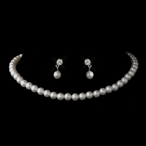 Silver White Pearl Bridal Wedding Necklace 6097 & Bridal Wedding Earrings 1025 Bridal Wedding Jewelry Set