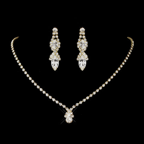 Gold Clear Round & Teardrop Bridal Wedding Necklace 6177 & Bridal Wedding Earrings 8361 Bridal Wedding Jewelry Set