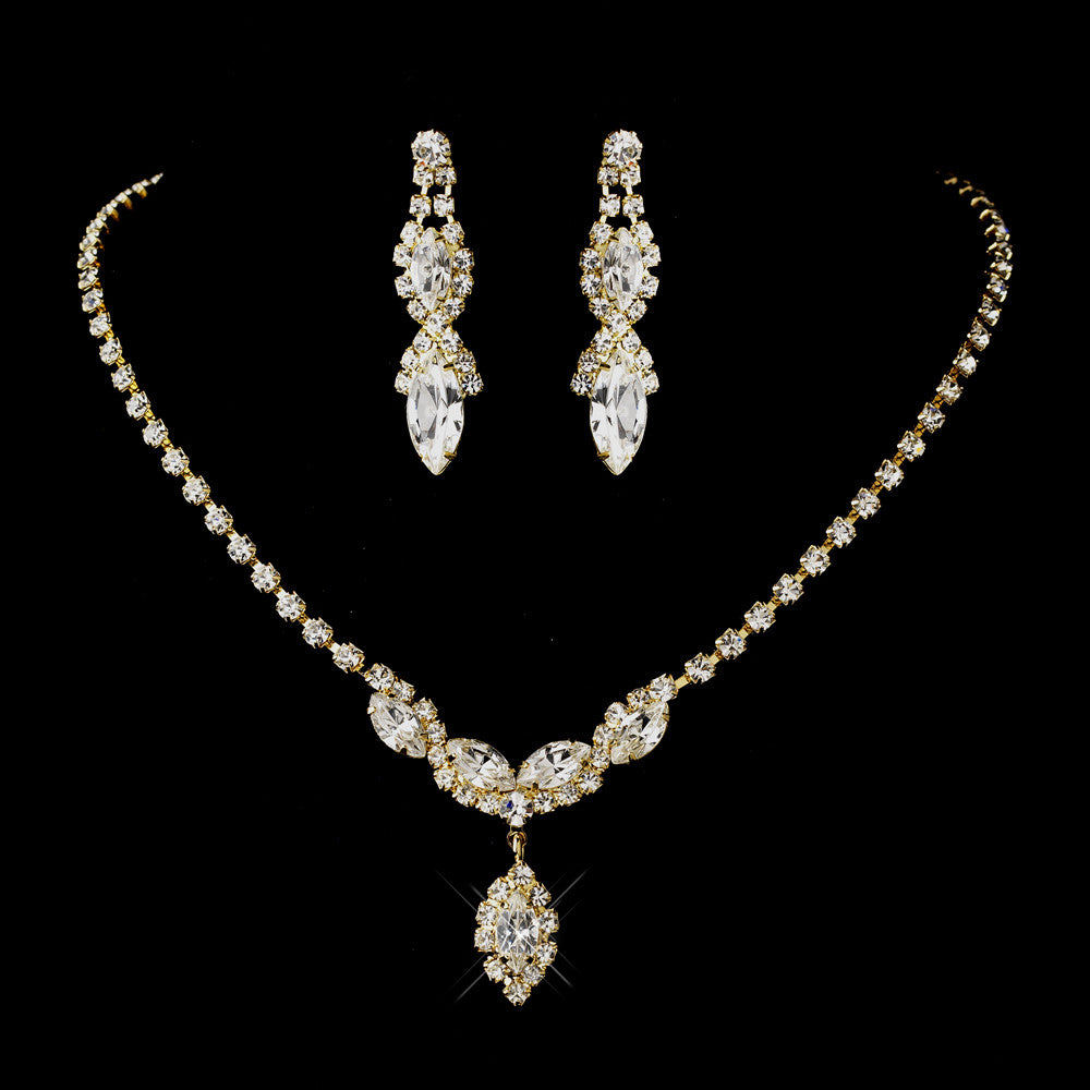 Gold Clear Round & Marquise Rhinestone Bridal Wedding Necklace 6361 & Bridal Wedding Earrings 8361 Bridal Wedding Jewelry Set