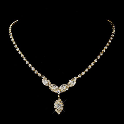 Gold Clear Round & Marquise Rhinestone Bridal Wedding Necklace 6361