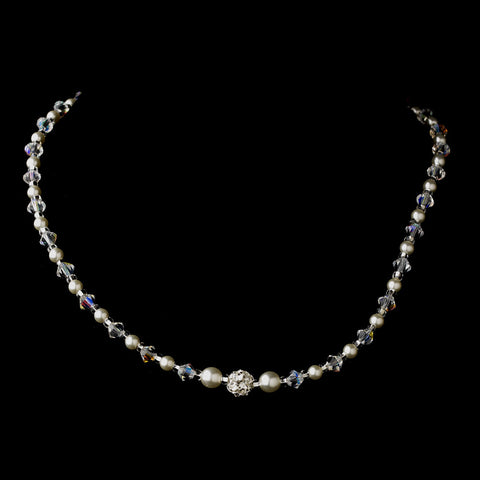 Silver White Czech Glass Pearl, Swarovski Crystal Bead, & Rhinestone Bridal Wedding Necklace 8604