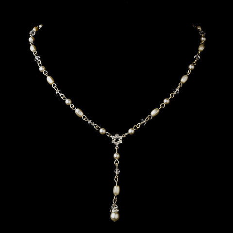 Silver White Czech Glass Pearl, Swarovski Crystal Bead & Rhinestone Bridal Wedding Necklace 8606