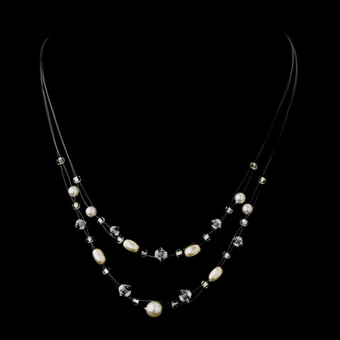 Silver White Glass Pearl, Czech Glass Bead & Swarovski Crystal Bead Illusion Bridal Wedding Necklace 8607