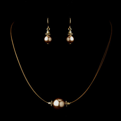 Gold Light Brown Czech Glass Pearl & Bali Bead Illusion Bridal Wedding Jewelry Set 8662