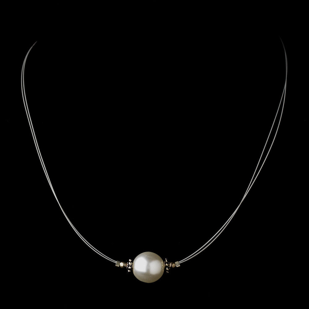 Silver White Czech Glass Pearl & Bali Bead Illusion Bridal Wedding Necklace 8662