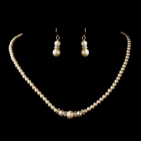 Gold Ivory Czech Glass Pearl & Rhinestone Rondelle Bridal Wedding Necklace 8664 & Bridal Wedding Earrings 8667 Bridal Wedding Jewelry Set