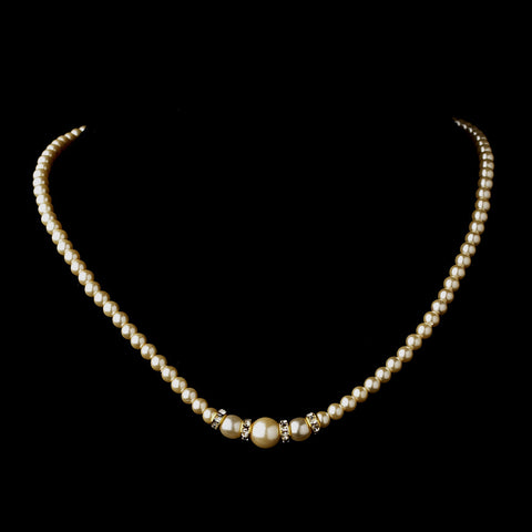 Gold Ivory Czech Glass Pearl & Rhinestone Rondelle Bridal Wedding Necklace 8664