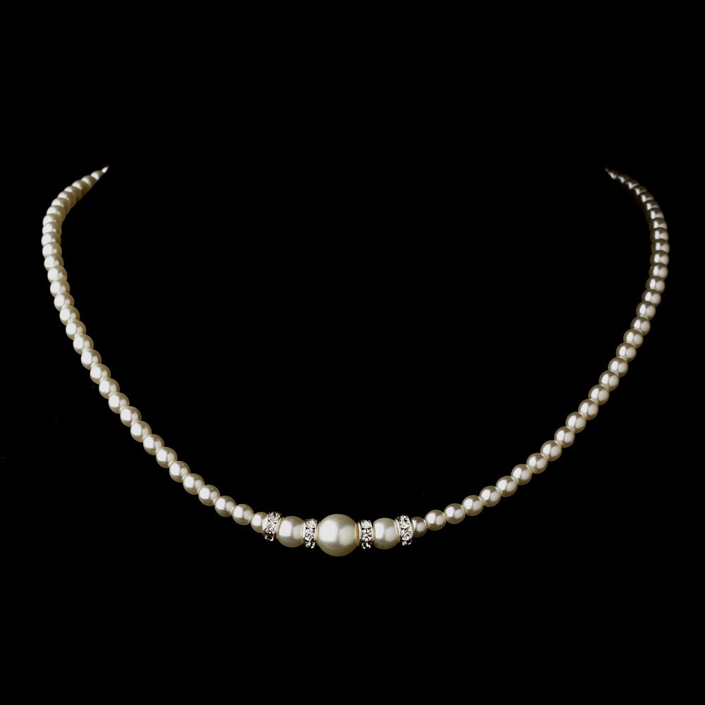 Silver White Czech Glass Pearl & Rhinestone Rondelle Bridal Wedding Necklace 8664