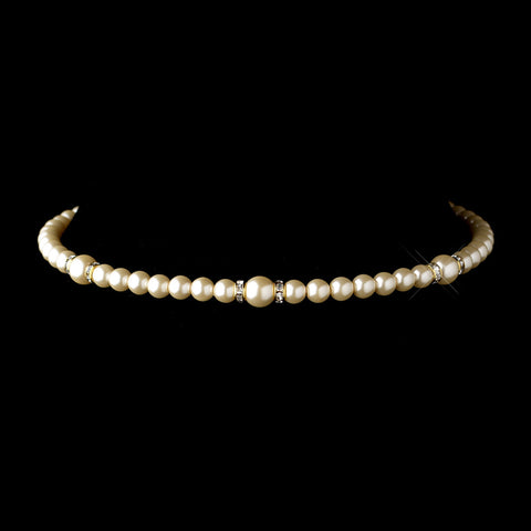 Gold Ivory Czech Glass Pearl & Rhinestone Rondelle Choker Bridal Wedding Necklace 8667